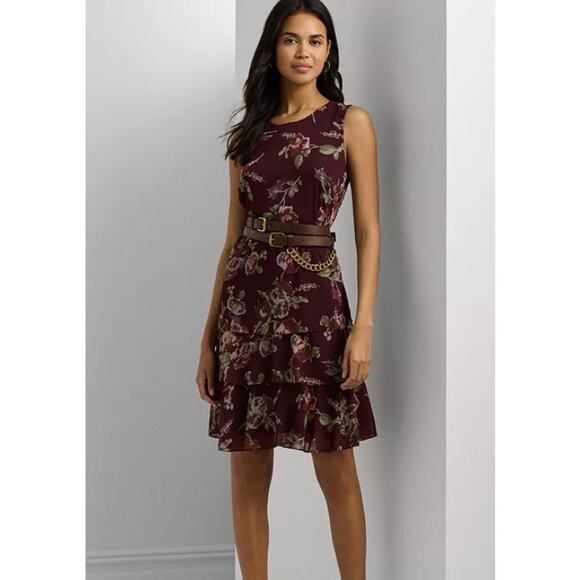 Lauren Ralph Lauren Womens Wine Floral Color Sz 16 Crinkle Georgette Shift Dress - Picture 1 of 9